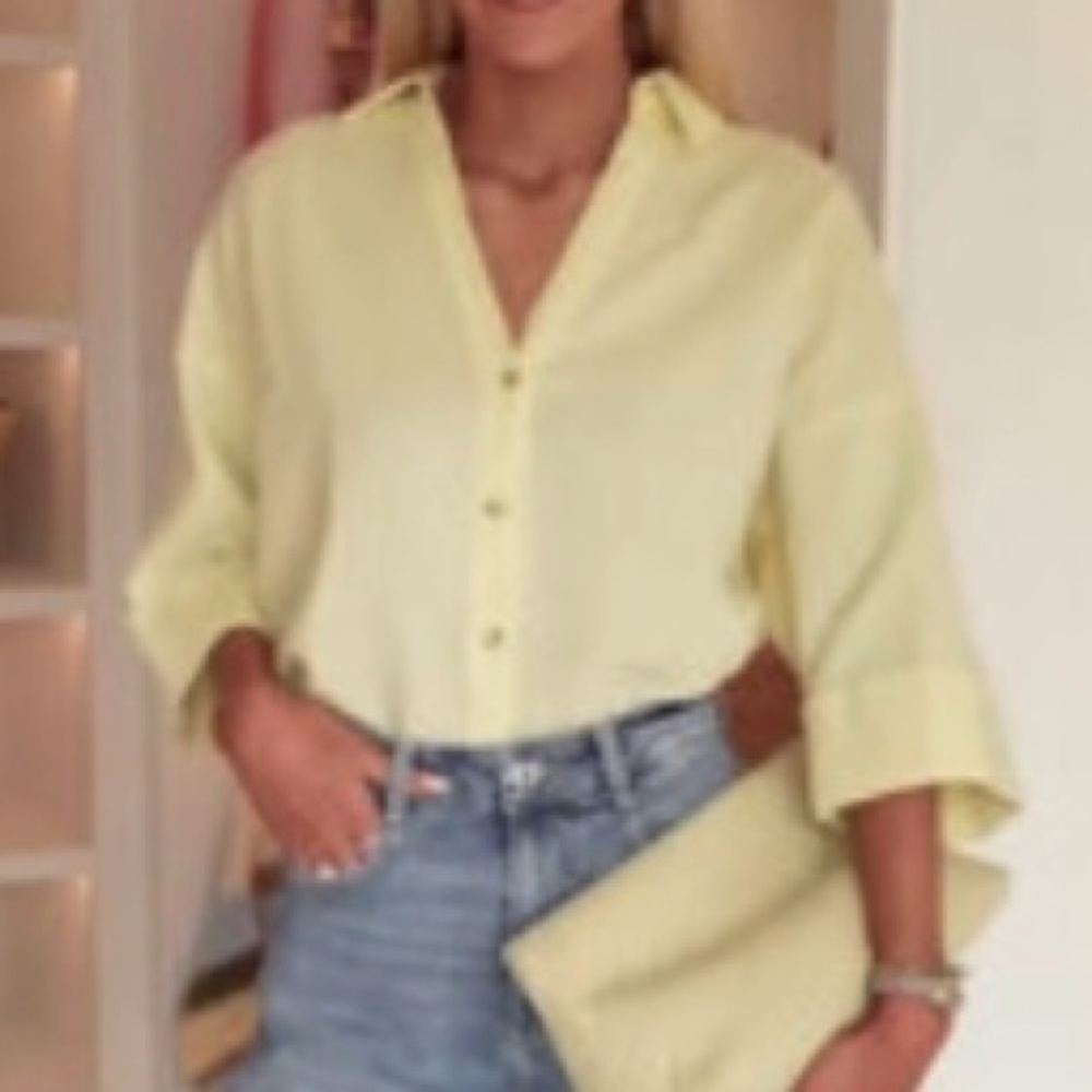 Zara NWT Butter Yellow Button-Down Vneck Linen blouse size XL